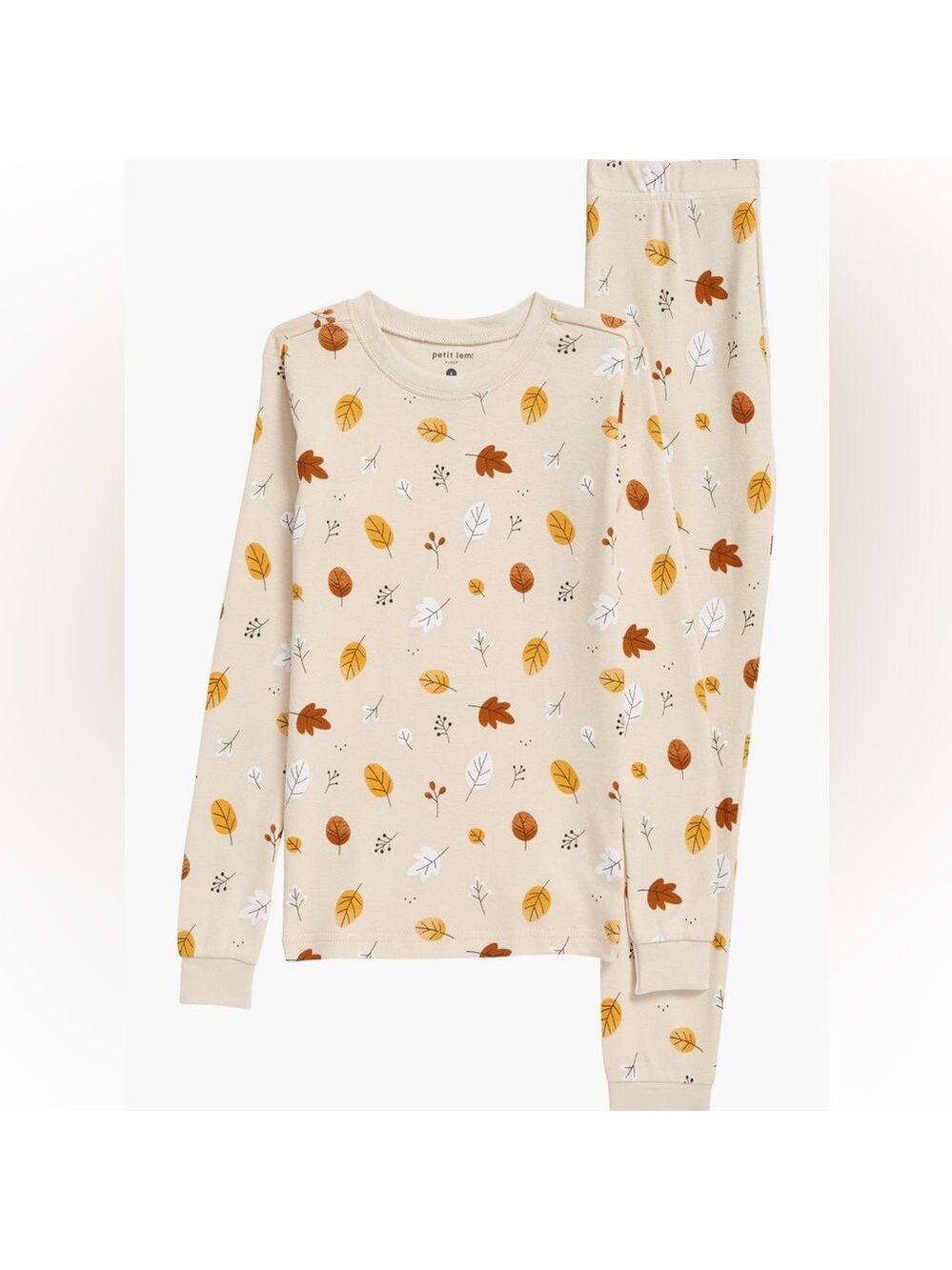 Petit Lem Leaf Print Kids Pajama Set - Cream and Orange